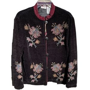 White Stag Woman’s Sz S(4/6) Acrylic Jacket Black Floral Maroon Green With Beads